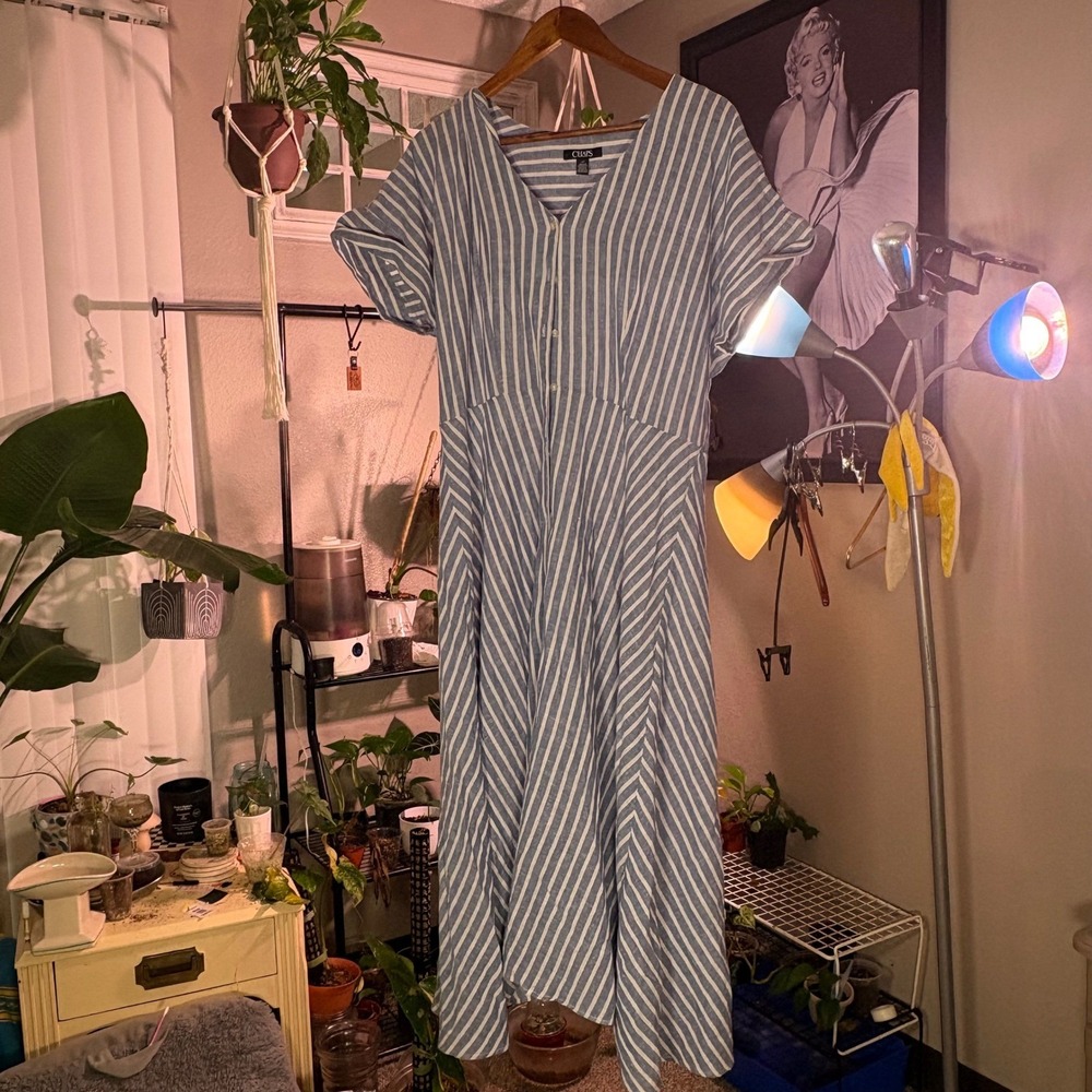 CHAPS Blue White Striped‎ Cotton Midi Dress Short Sleeve V Neck Casual Summer L
